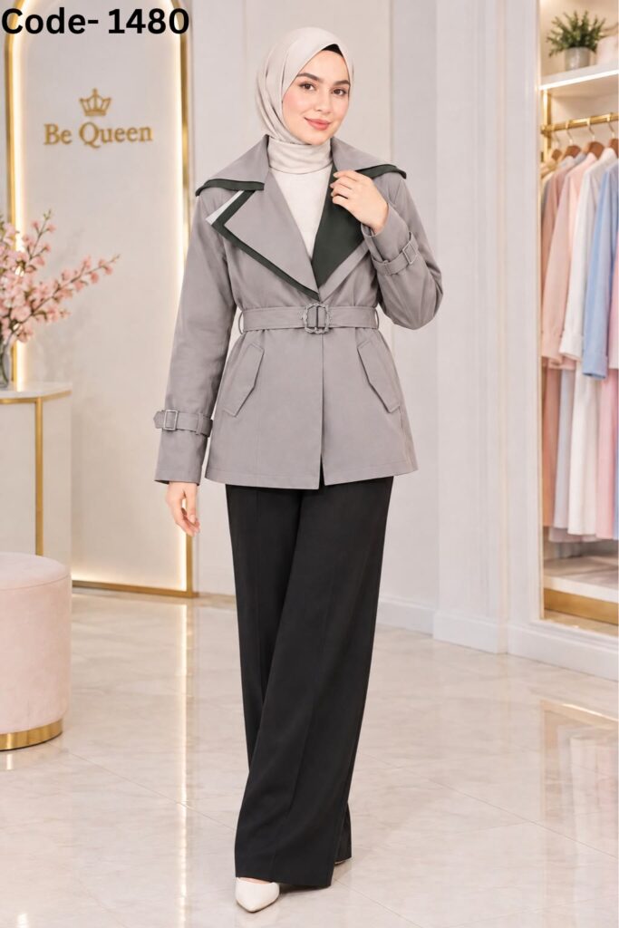 Belted Short Trench Jacket with Contrast Lapels – Code 1480 (Wholesale)