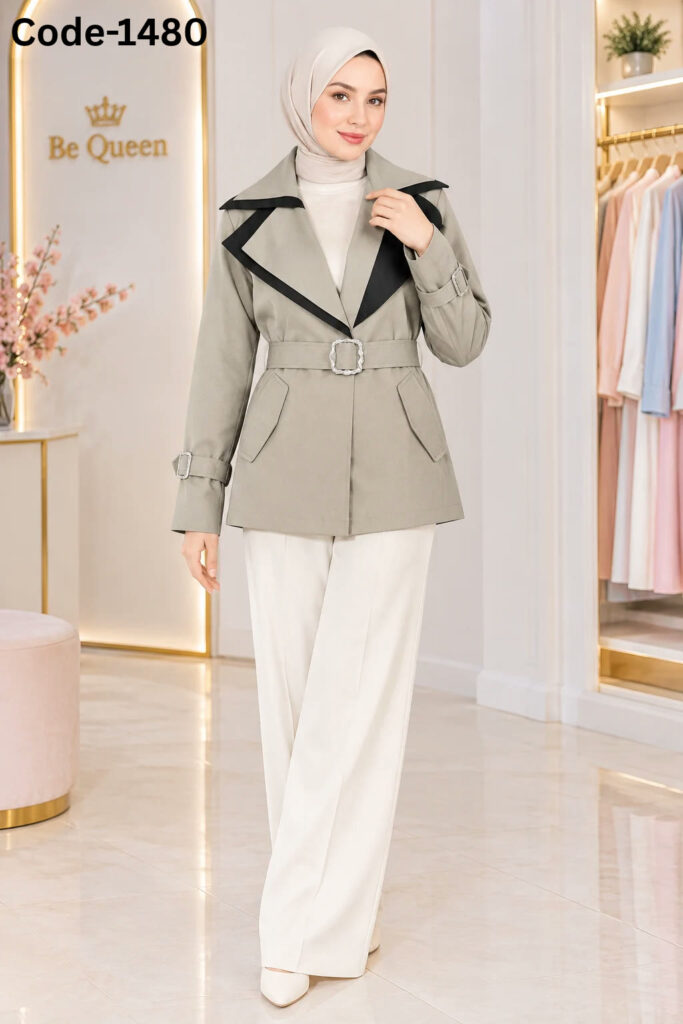 Belted Short Trench Jacket with Contrast Lapels – Code 1480 (Wholesale)